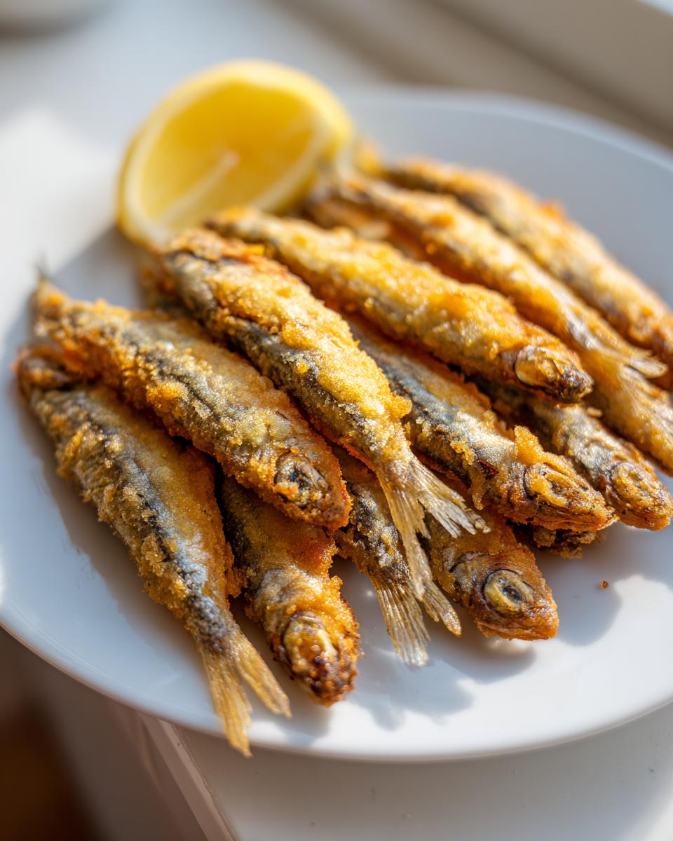 Plato con pescaito frito crujiente acompañado de rodajas de limón.