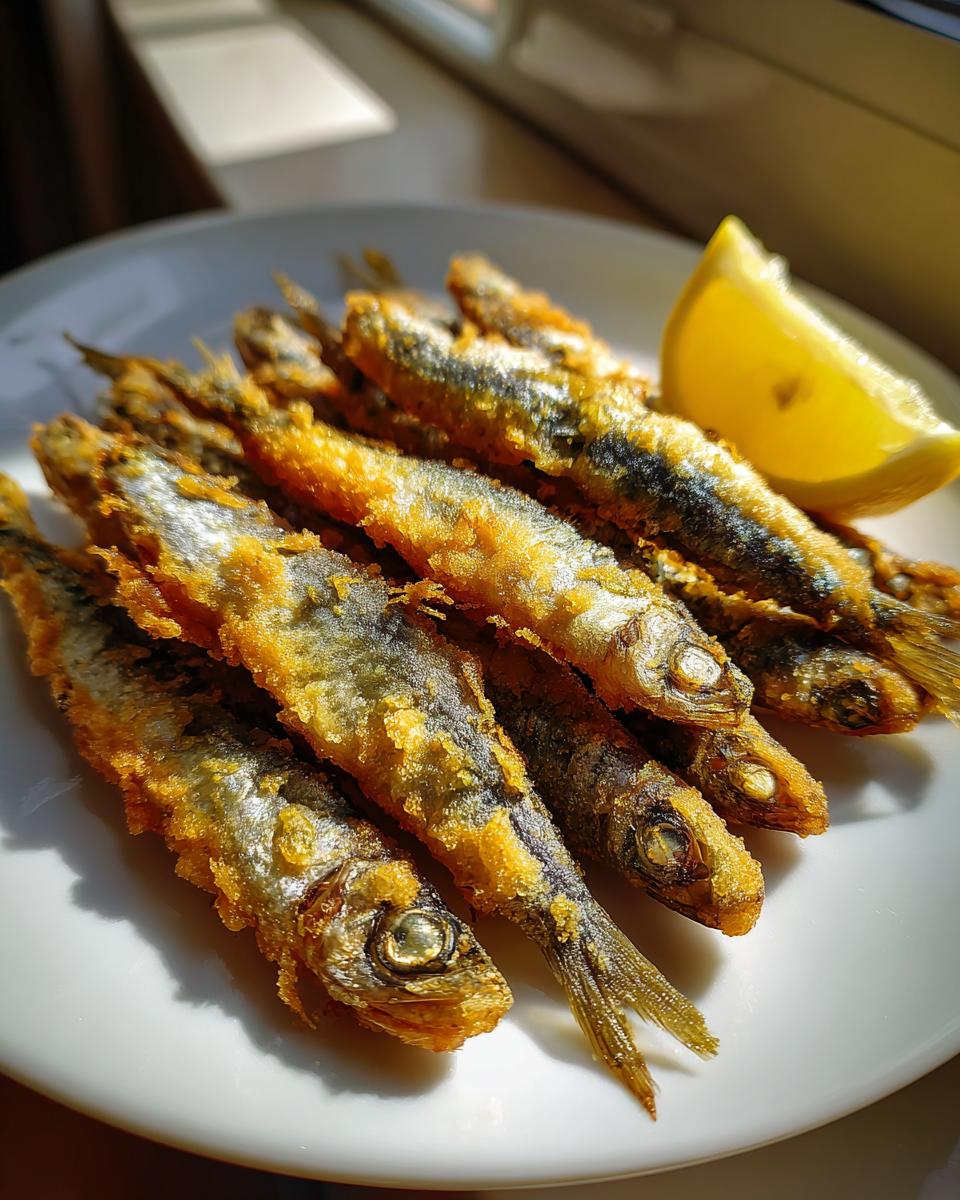Plato con varios pescaitos fritos dorados y una rodaja de limón al lado.
