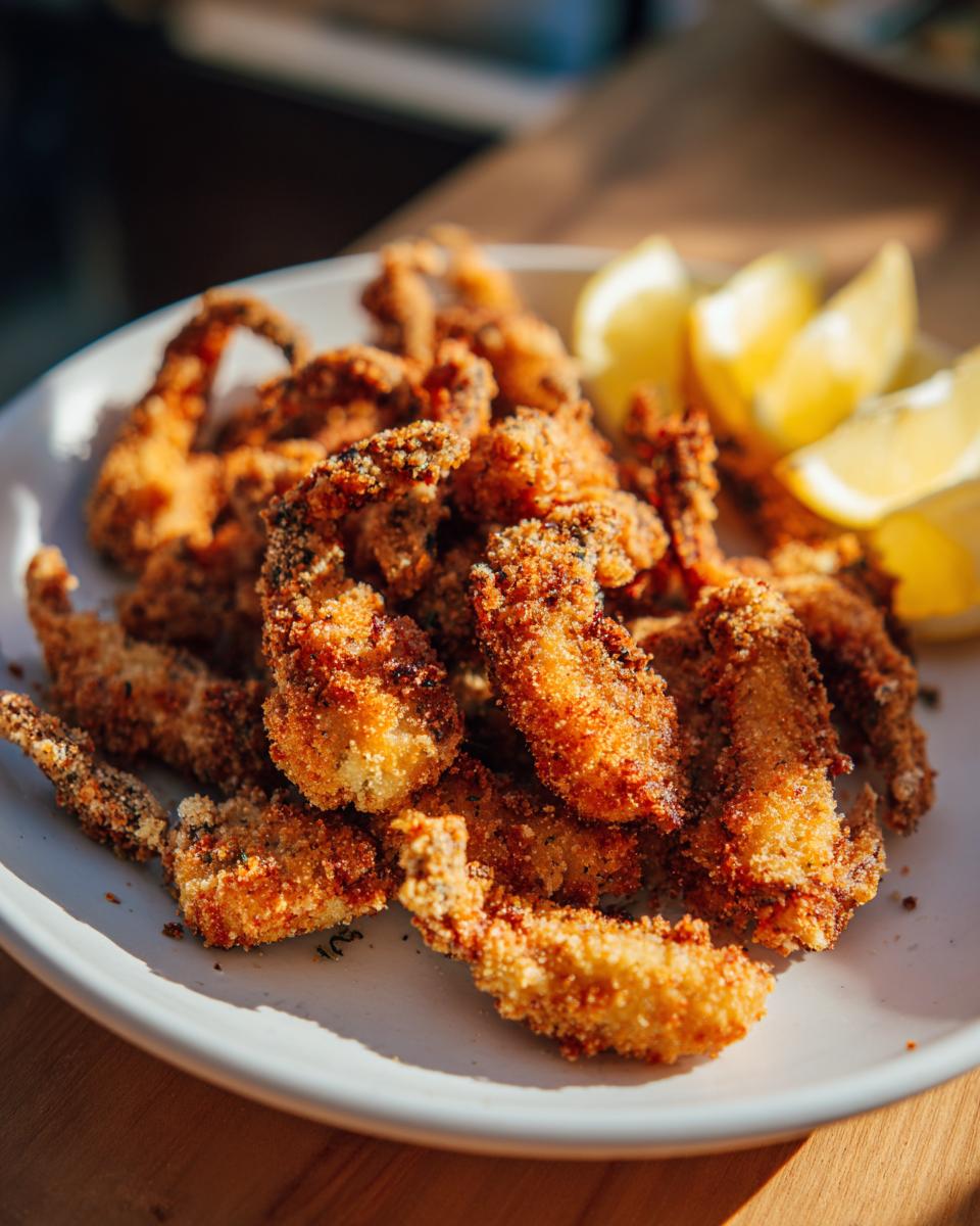 Plato de pescaito frito receta con trozos dorados y gajos de limón al lado.