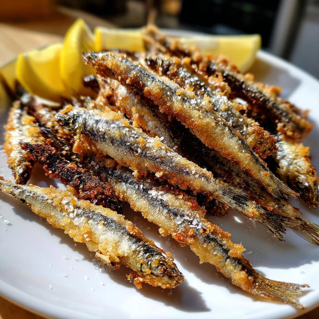 Plato de pescaito frito receta con pescado pequeño crujiente y rodajas de limón