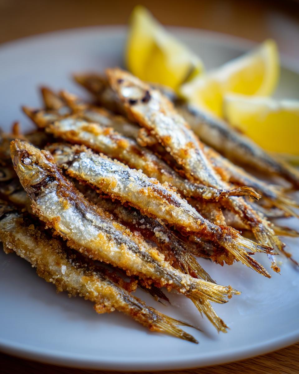 Plato de pescaito frito receta con pescado dorado y rodajas de limón