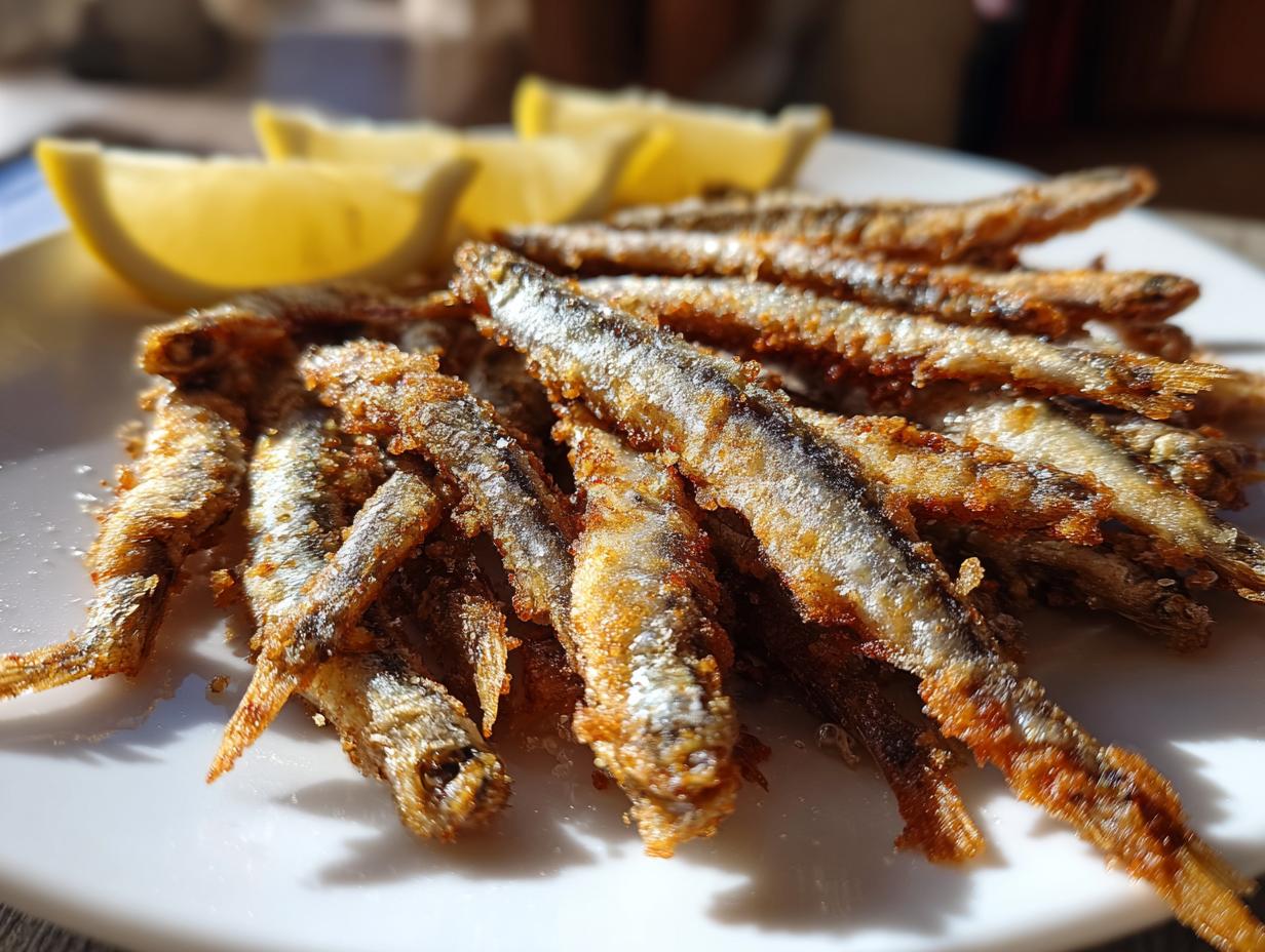 Plato de pescaito frito receta con pescado pequeño frito y rodajas de limón