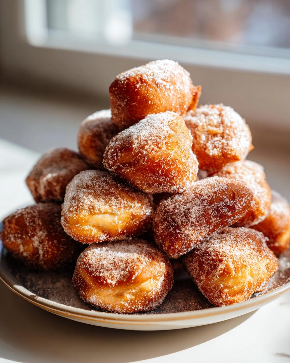 Montón de pestiños tradicionales dorados espolvoreados con azúcar en un plato blanco.