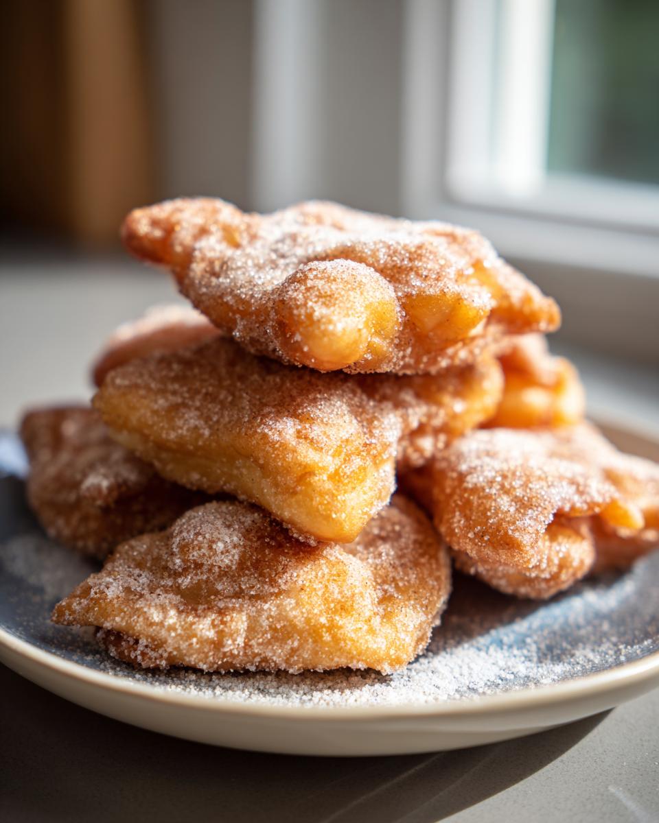 Montón de pestiños tradicionales cubiertos con azúcar en un plato