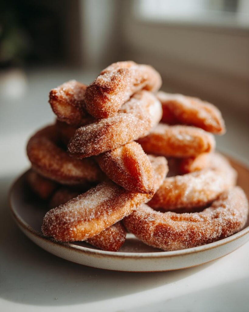 Montón de pestiños tradicionales cubiertos de azúcar en un plato