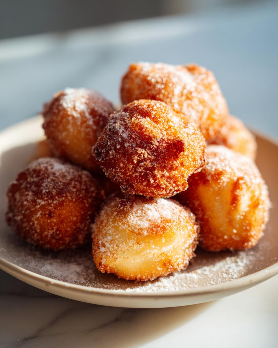 Pestiños tradicionales dorados y espolvoreados con azúcar en un plato beige.