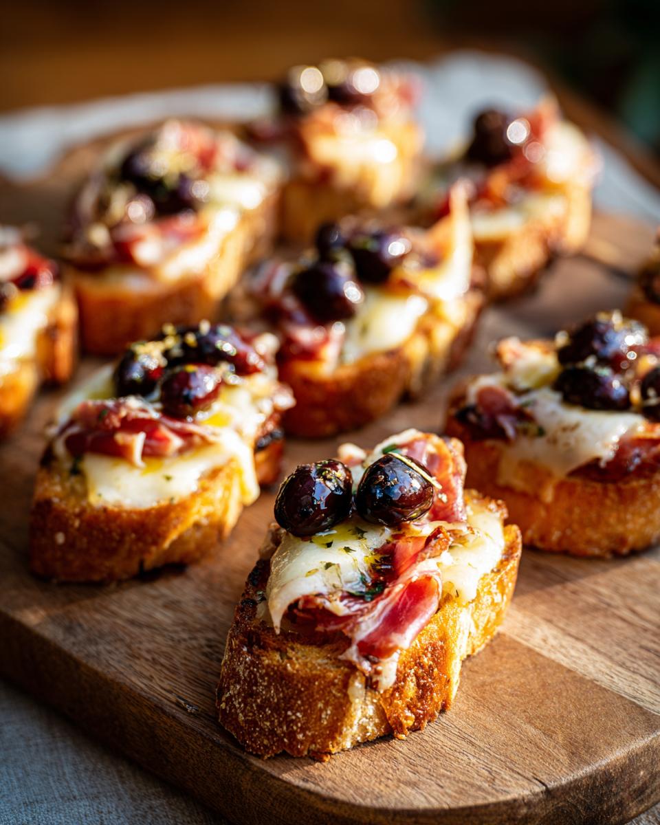 Pinchos fáciles para fiesta con pan tostado, jamón, queso y aceitunas negras sobre tabla de madera