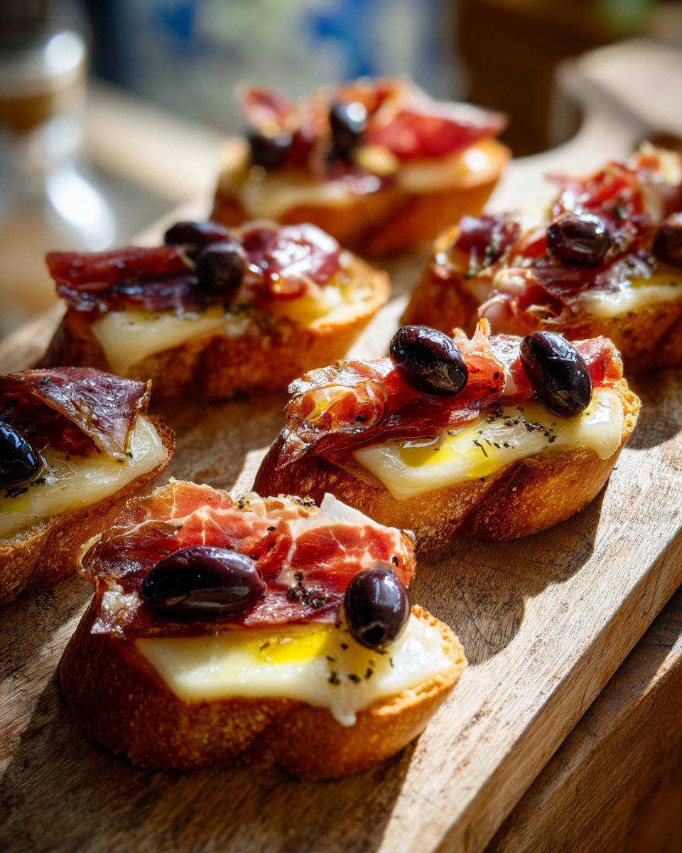 Pinchos fáciles para fiesta con rebanadas de pan, queso fundido, jamón y aceitunas negras
