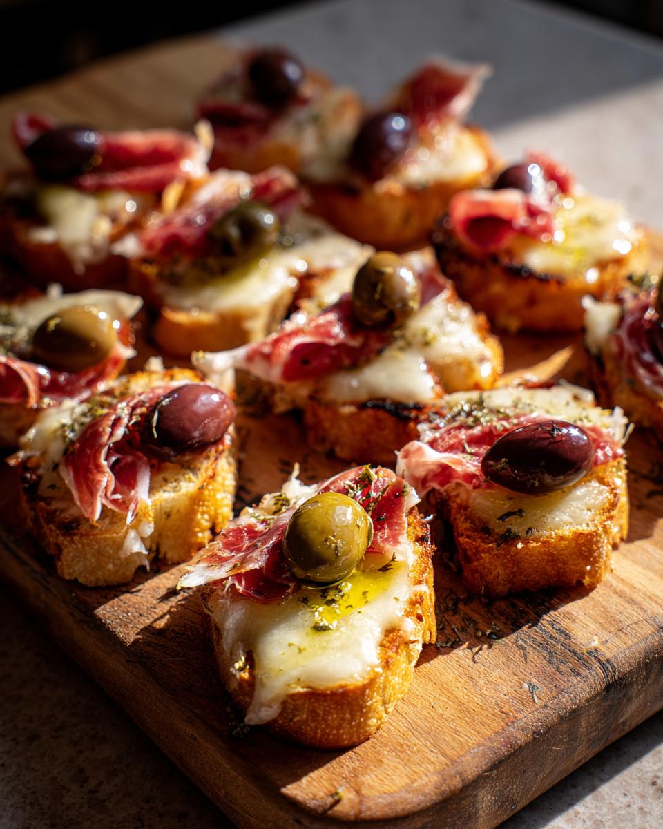 Pinchos fáciles para fiesta con pan tostado, jamón, queso fundido y aceitunas sobre tabla de madera