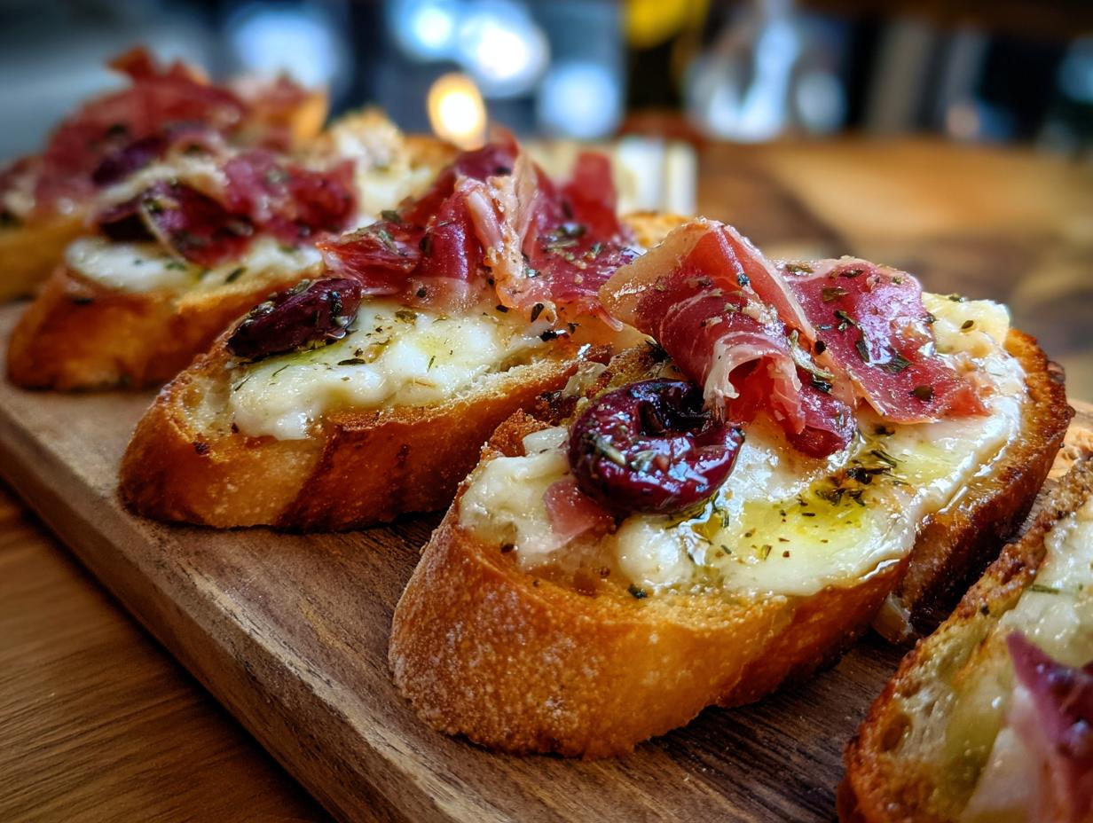 Pinchos fáciles para fiesta con rebanadas de pan, queso fundido, jamón y aceitunas en tabla de madera