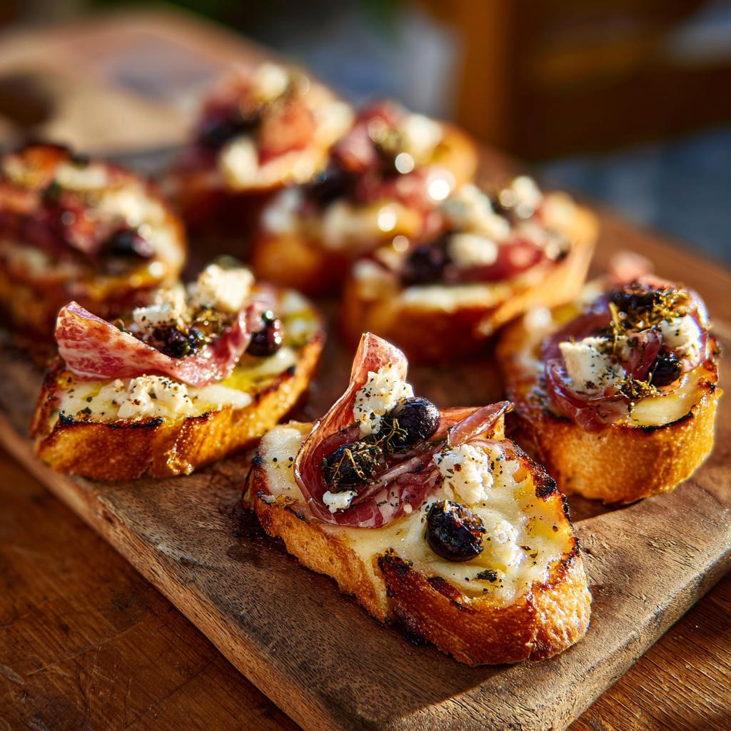 Pinchos fáciles para fiesta con pan tostado, queso, aceitunas negras y jamón en tabla de madera.