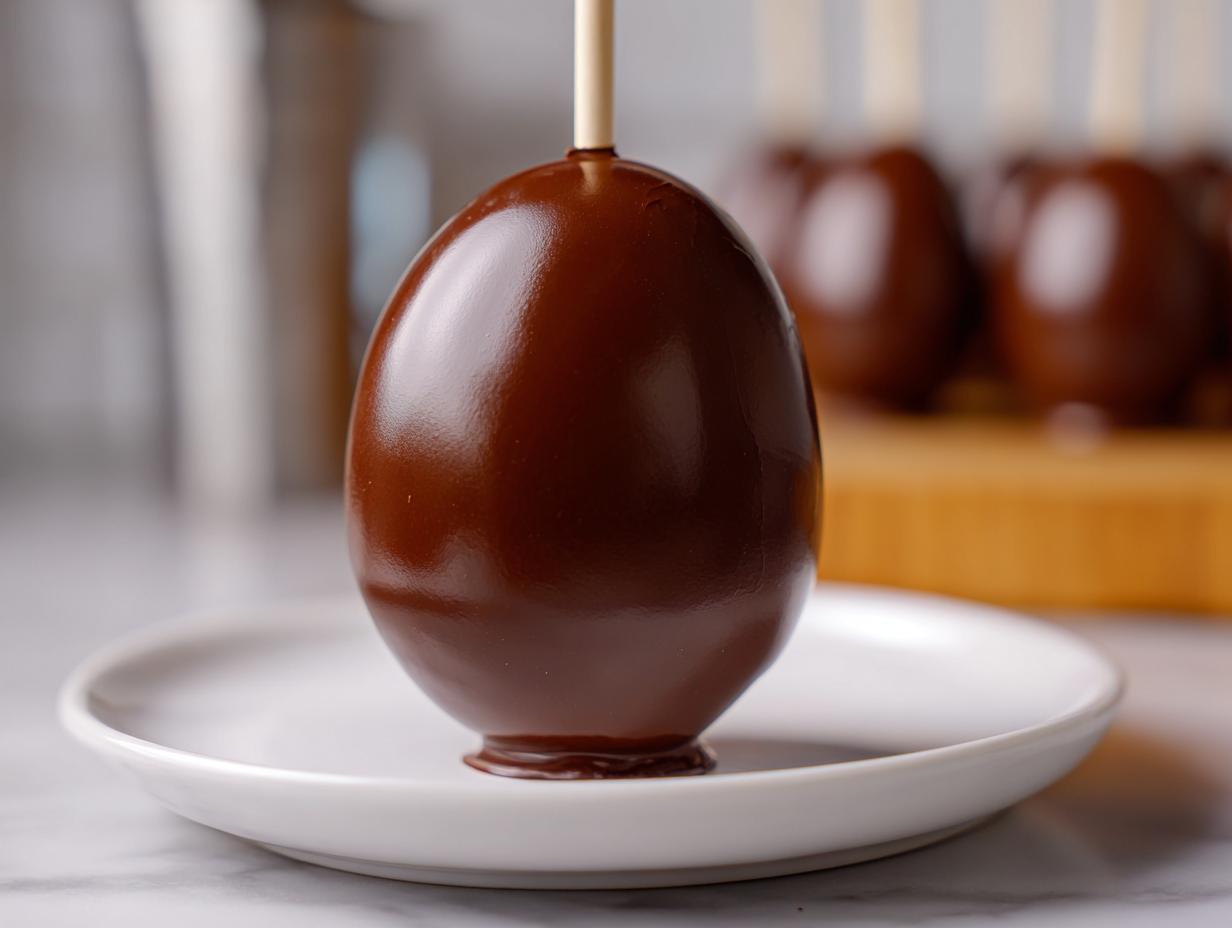 Piruleta de chocolate en forma de huevo con acabado brillante sobre un plato blanco.