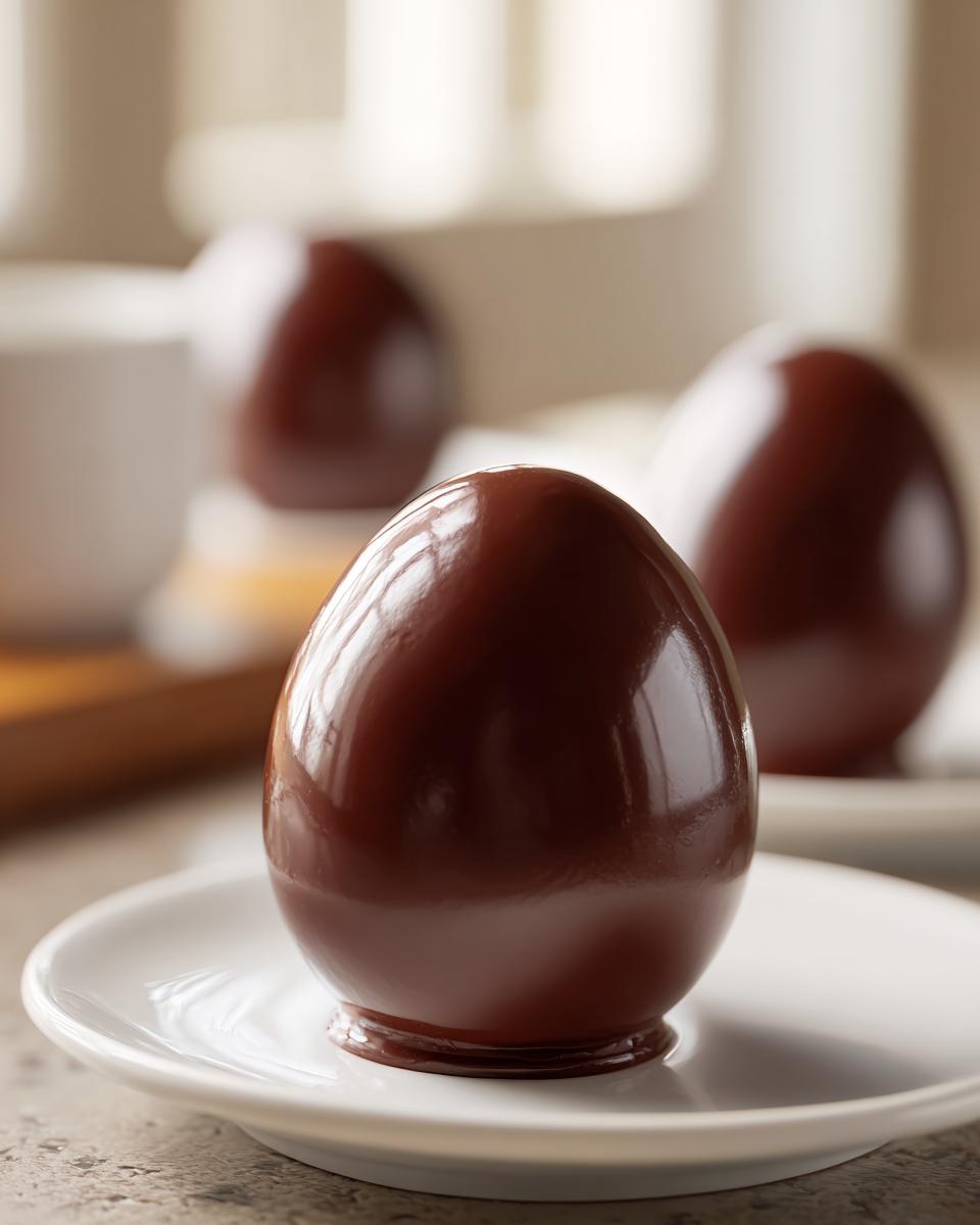 Piruletas de chocolate en forma de huevo sobre platos blancos en fondo desenfocado