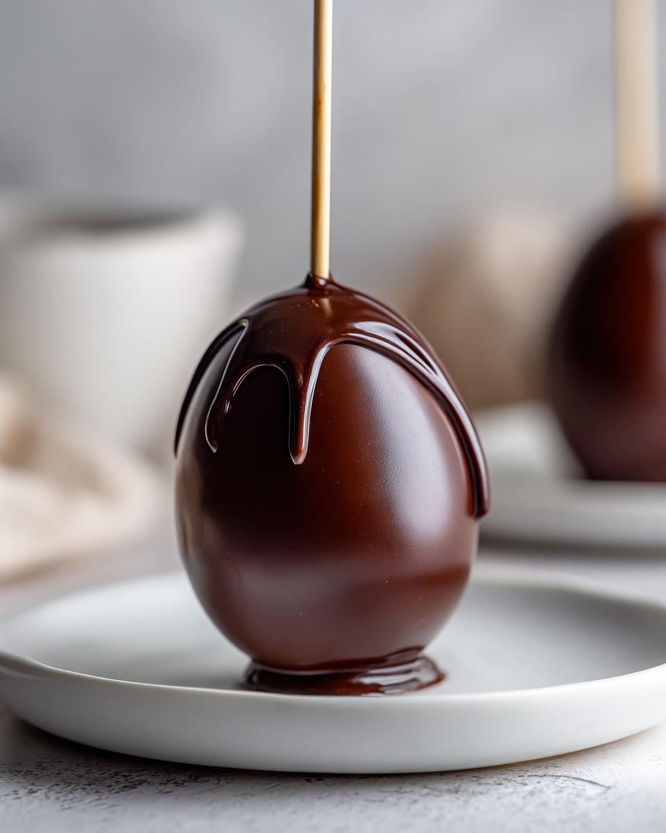 Piruleta de chocolate en forma de huevo con cobertura brillante y goteo sobre plato blanco