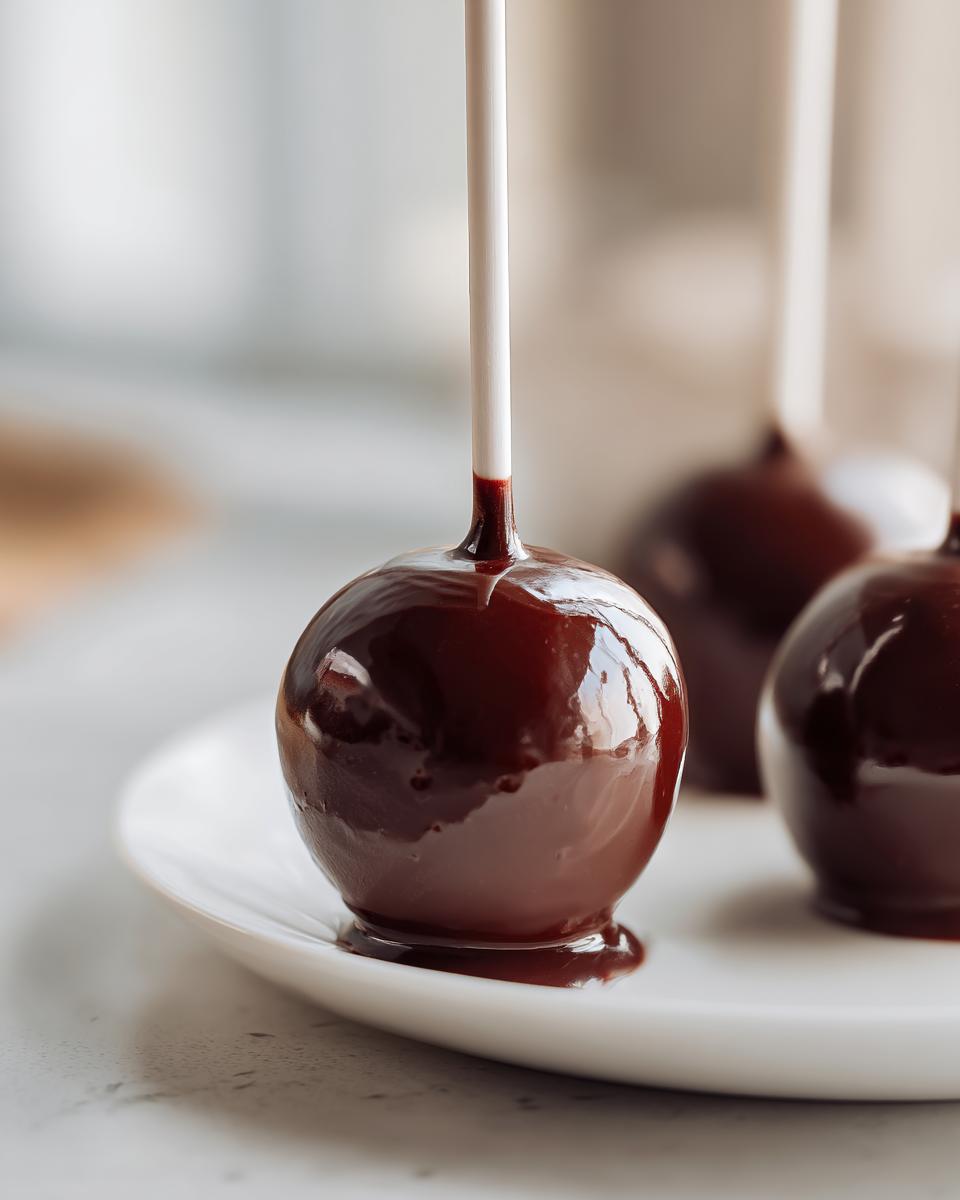 Piruletas de chocolate en forma de huevo con brillo sobre plato blanco.