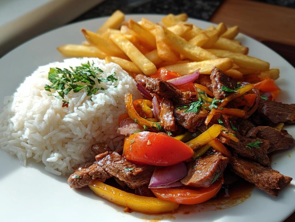 Plato de lomo saltado con tiras de carne, cebolla, tomate, arroz blanco y papas fritas.