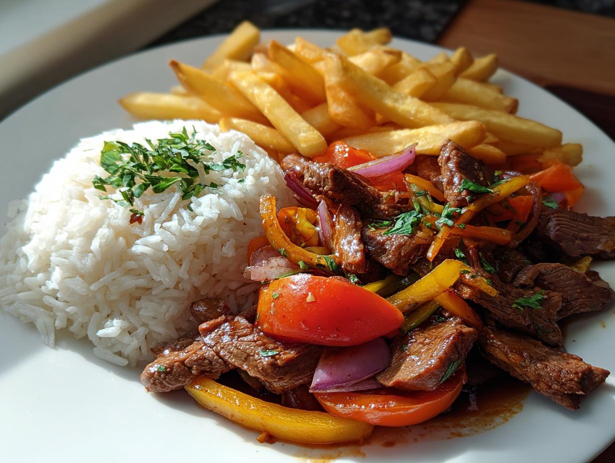 Plato de lomo saltado con tiras de carne, cebolla, tomate, arroz blanco y papas fritas.