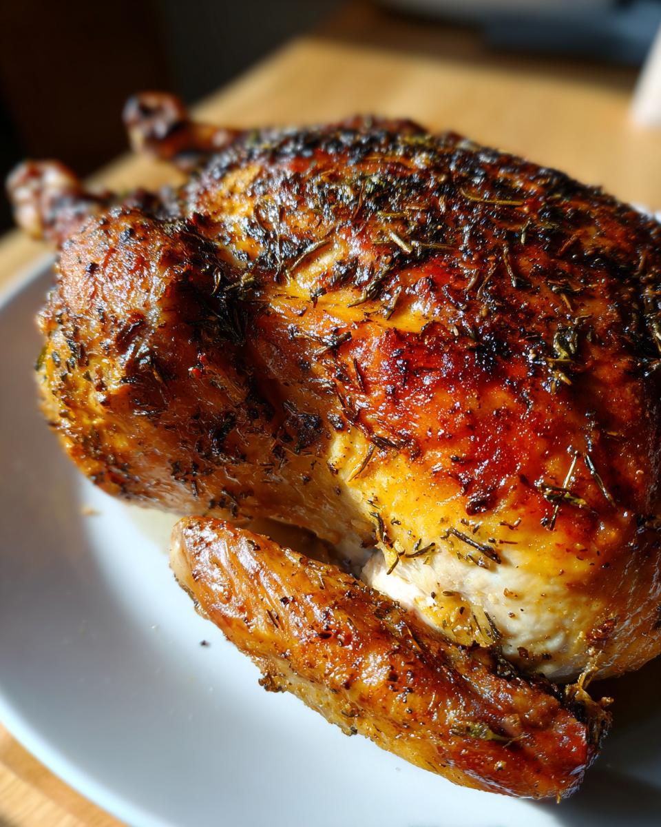 Pollo al horno jugoso dorado con piel crujiente y hierbas aromáticas en un plato blanco.