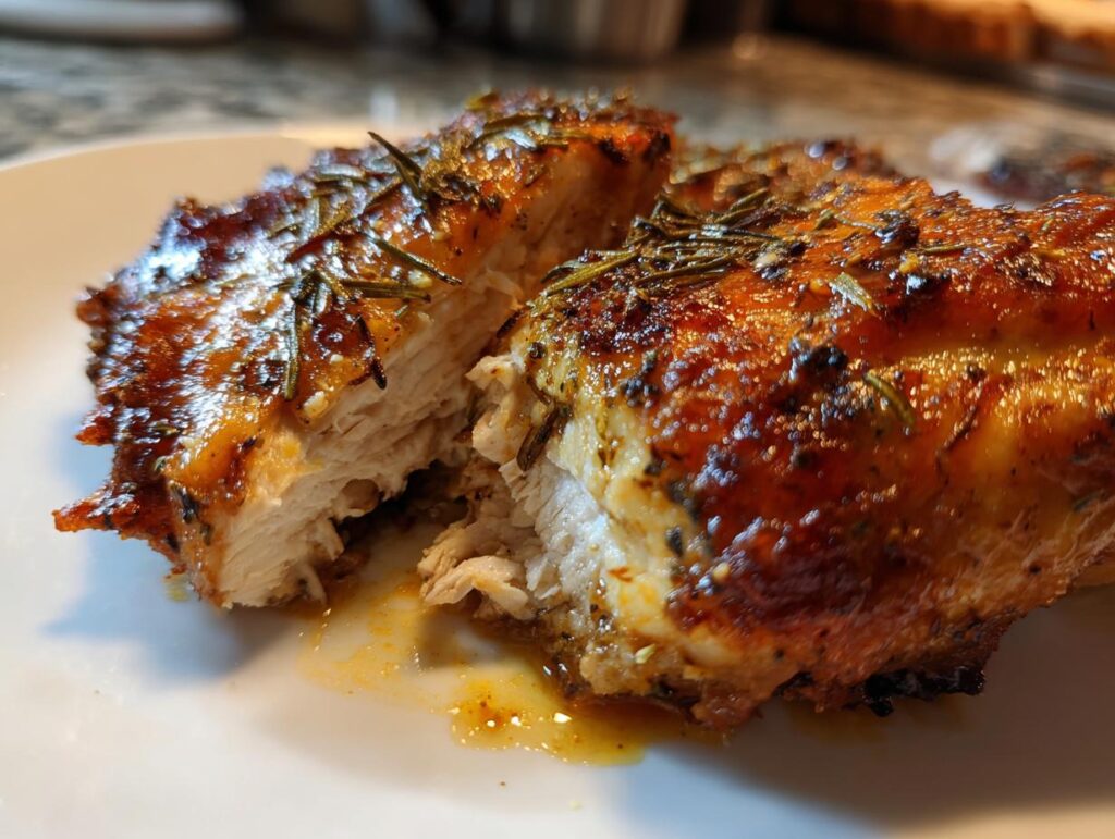 Pieza de pollo al horno jugoso con piel dorada y hierbas frescas sobre plato blanco