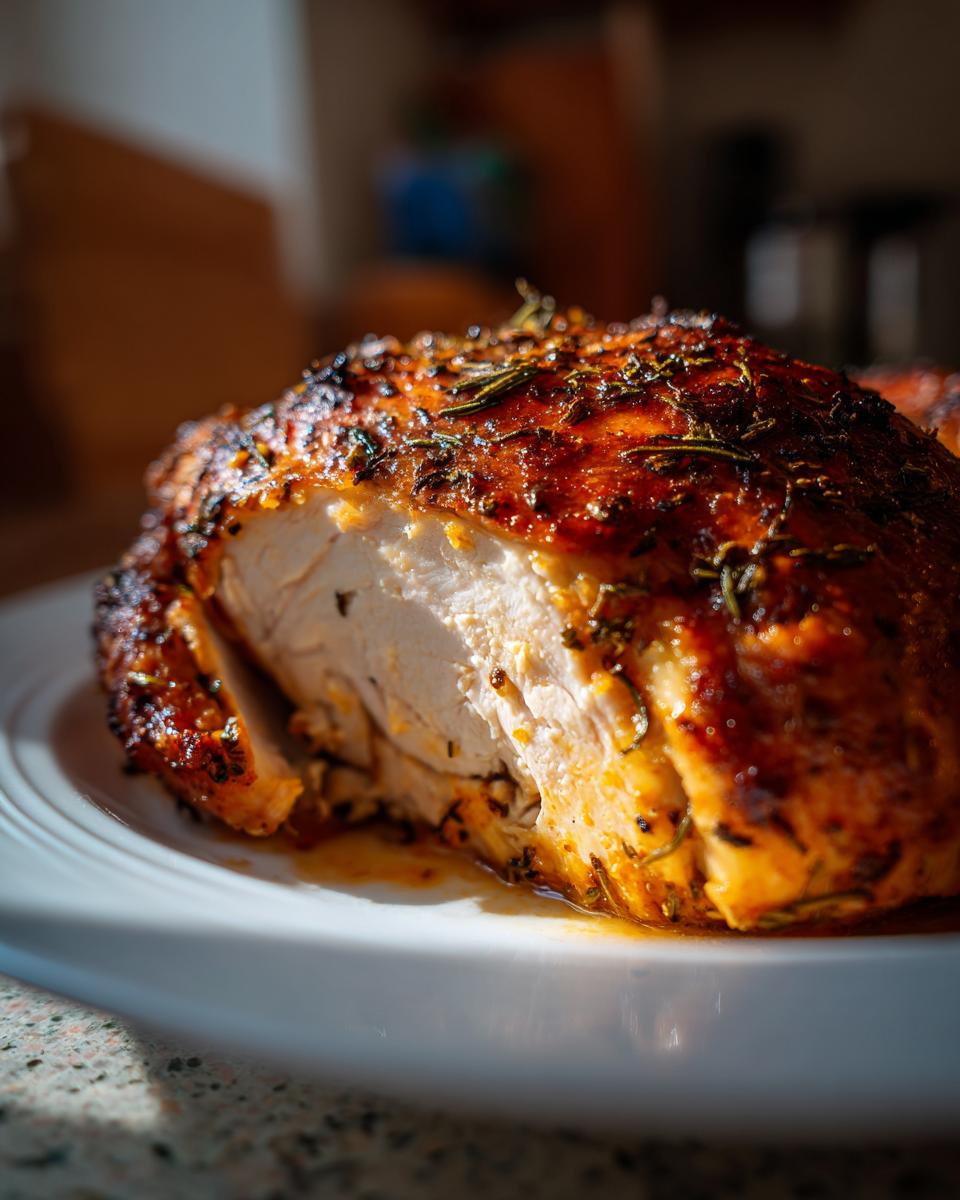 Pollo al horno jugoso con piel dorada y hierbas frescas en un plato blanco