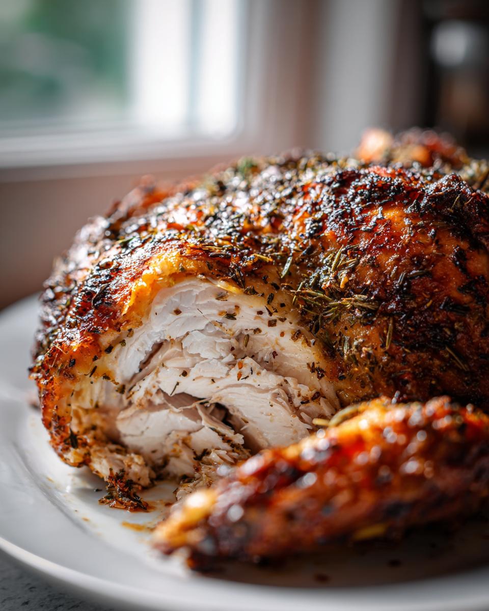 Pollo al horno jugoso con piel dorada y especias sobre plato blanco