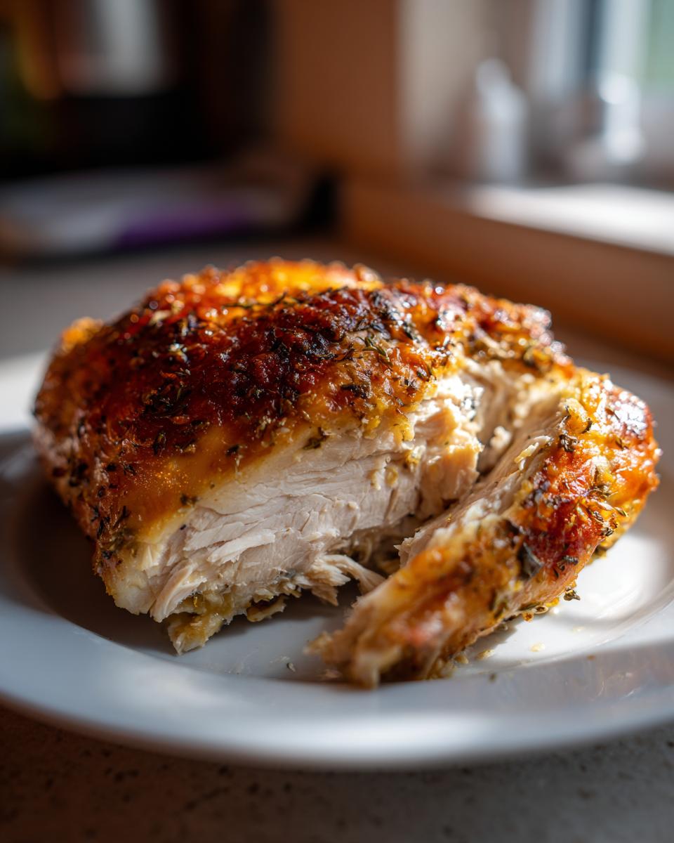 Pollo al horno jugoso con piel crujiente y dorada servido en un plato blanco.