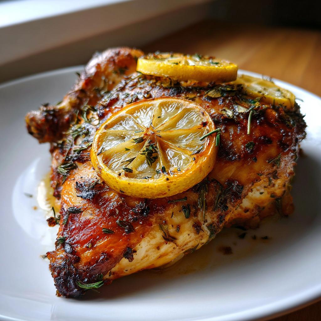 Pollo al horno con limón y hierbas con piel dorada y rodajas de limón encima en un plato blanco