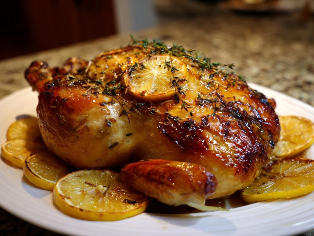 Pollo al horno con limón y hierbas servido en plato blanco con rodajas de limón doradas