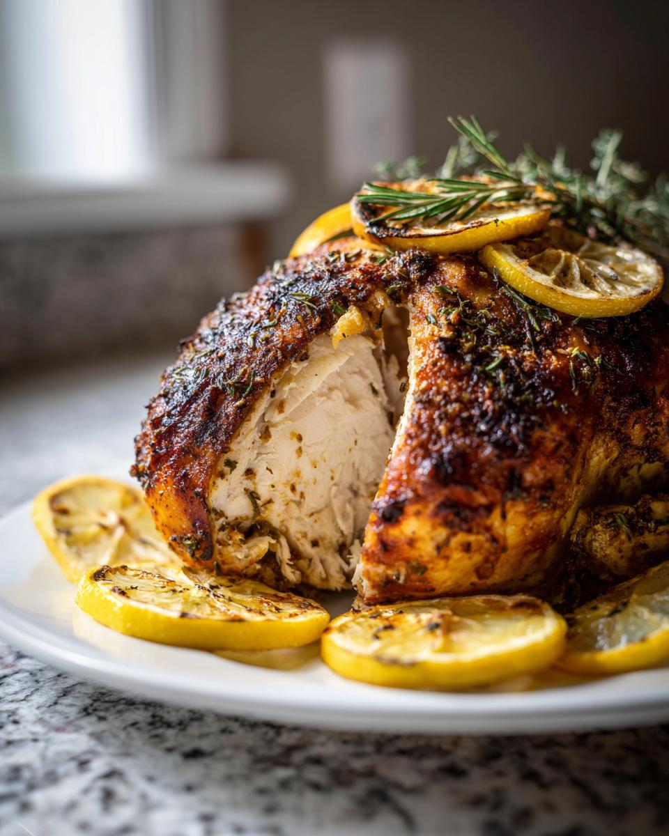 Pollo al horno con limón y hierbas servido en plato con rodajas de limón y romero fresco