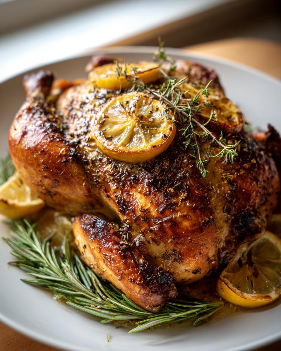 Pollo al horno con limón y hierbas servido en plato blanco con rodajas de limón y ramitas de romero