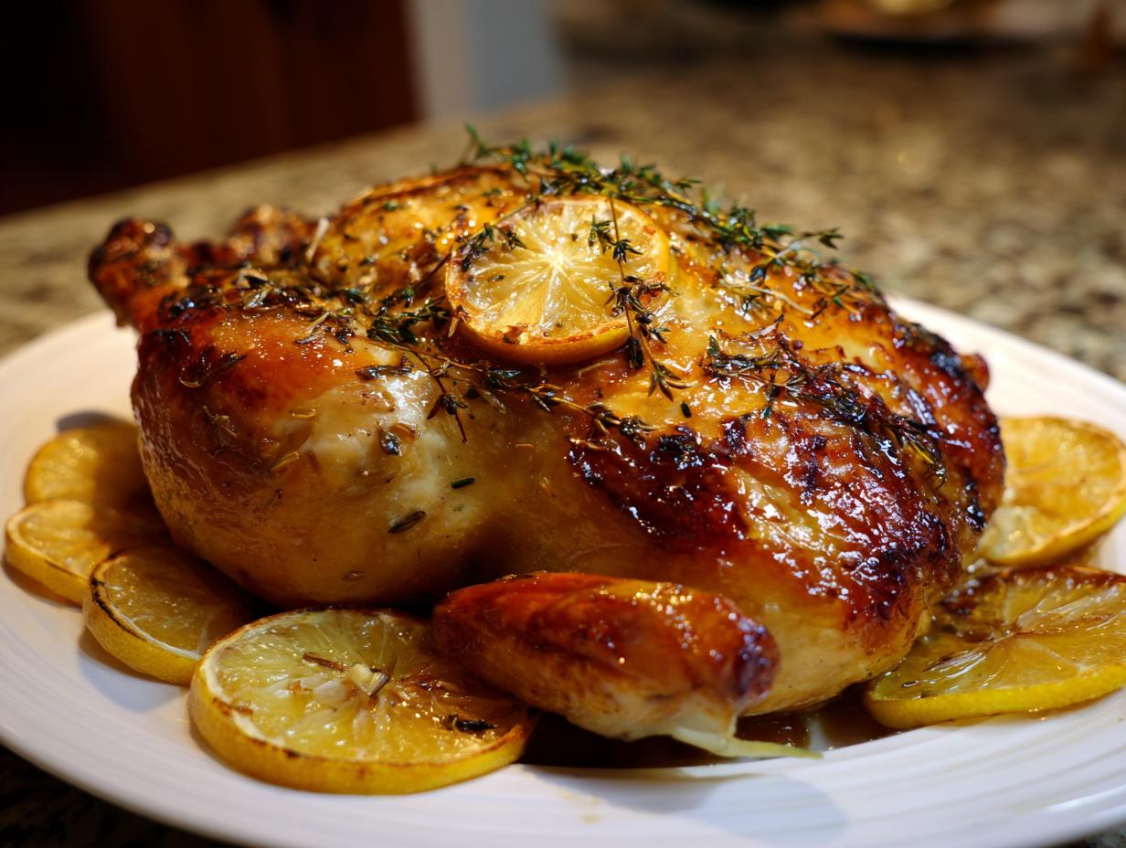 Pollo al horno con limón y hierbas servido en plato blanco con rodajas de limón doradas