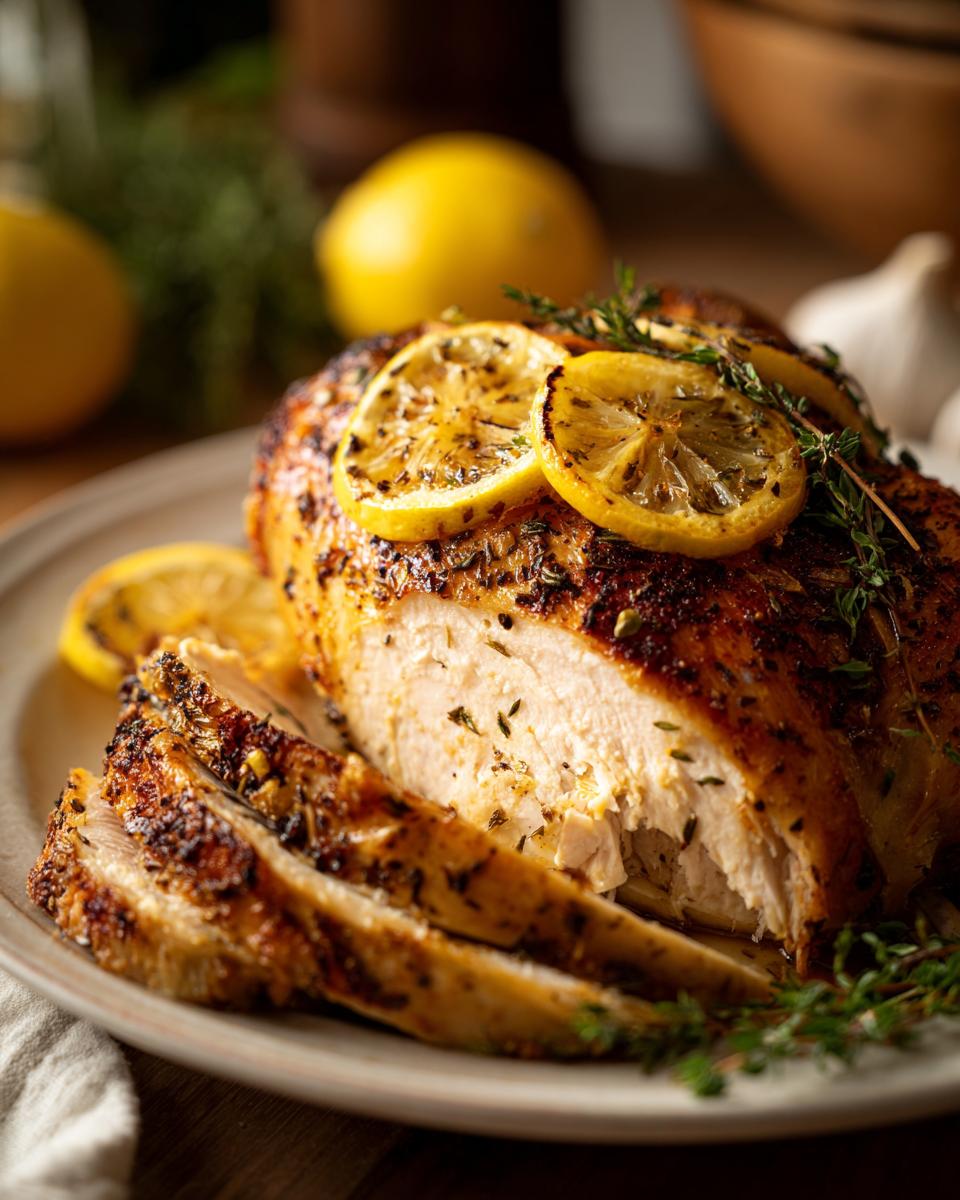 Pollo al horno con limón y hierbas, rebanado y servido con rodajas de limón y tomillo fresco