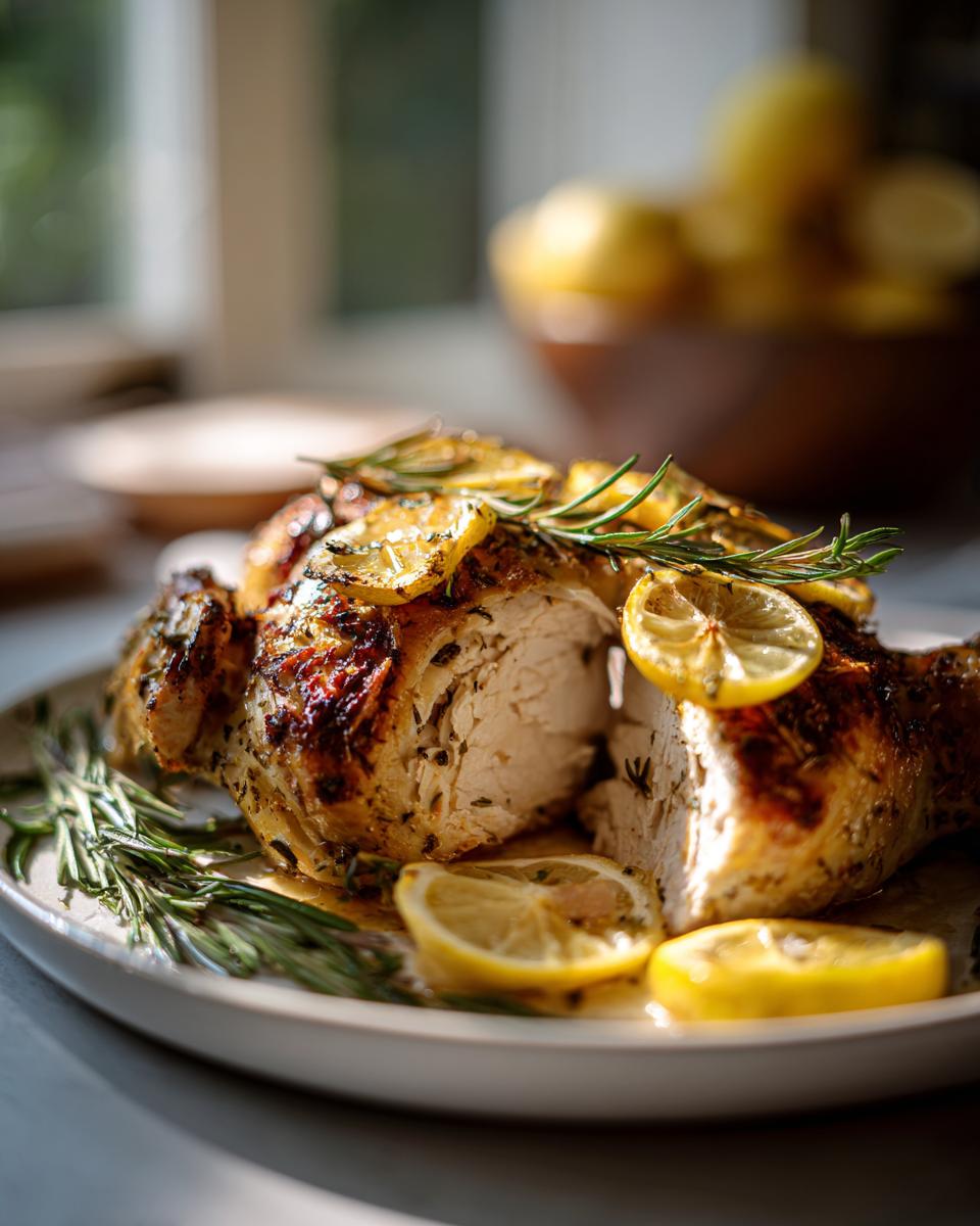 Pollo al horno con limón y hierbas decorado con rodajas de limón y ramitas de romero en un plato.