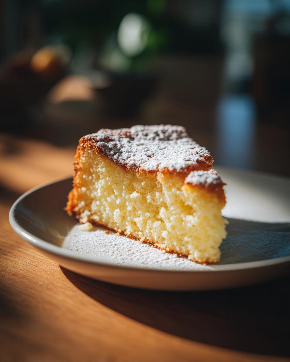 Rebanada de bizcocho de limón esponjoso espolvoreado con azúcar glas en un plato.