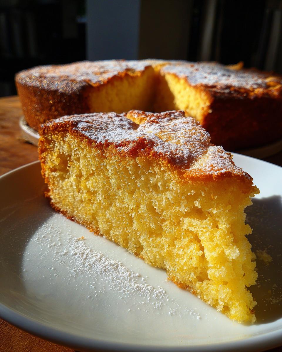 Trozo de bizcocho de limón esponjoso espolvoreado con azúcar glas en un plato blanco