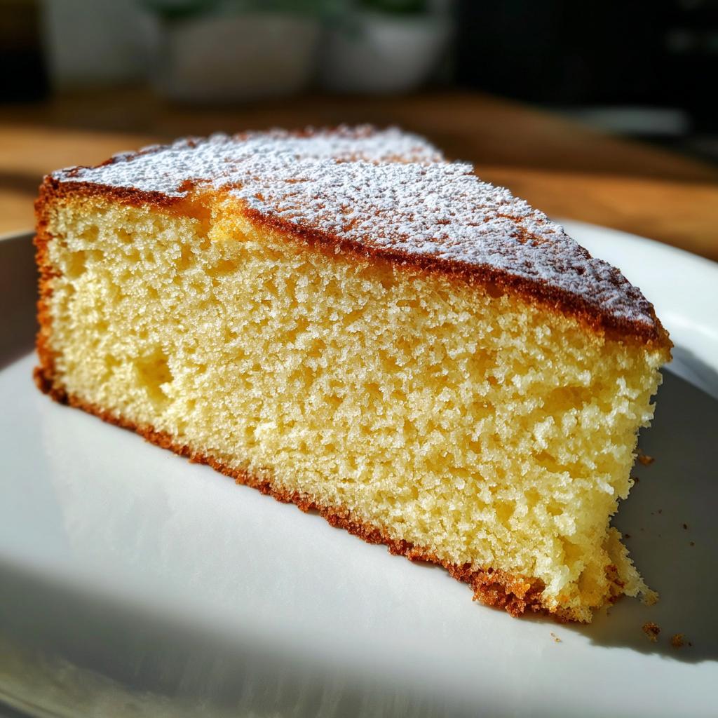 Rebanada de bizcocho de limón esponjoso con textura suave y azúcar glas espolvoreada encima.