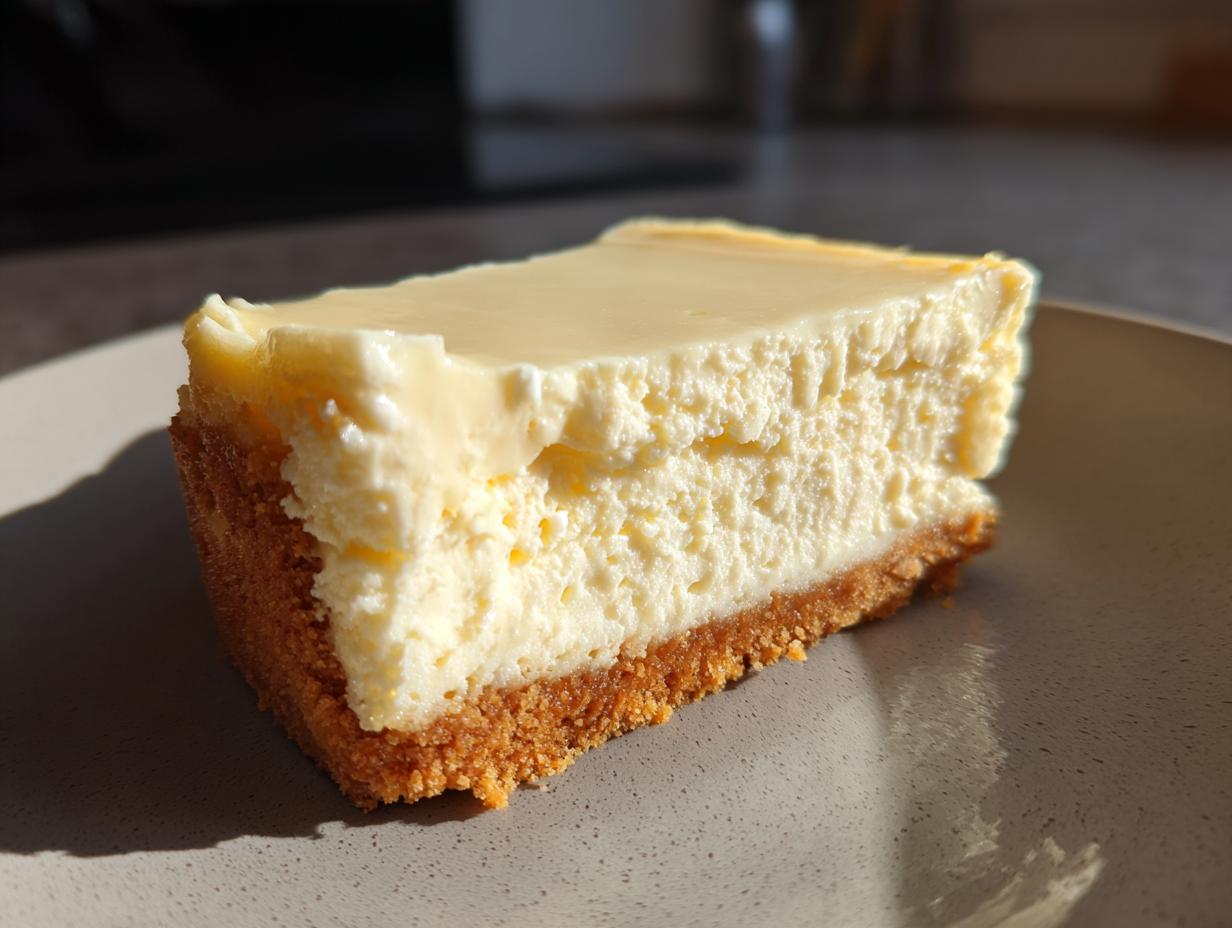 Porción de cheesecake cremoso con base de galleta, postres sin horno en plato beige.