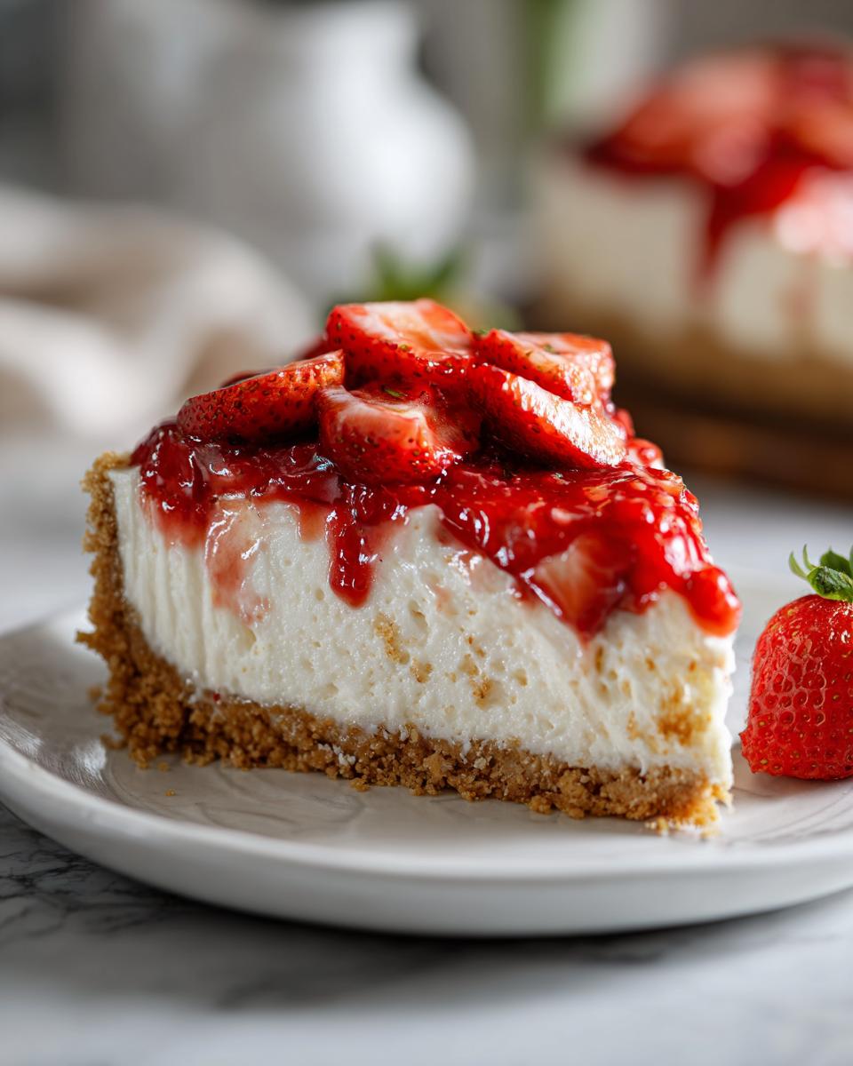 Porción de cheesecake de fresa sin horno con base de galleta y fresas frescas encima