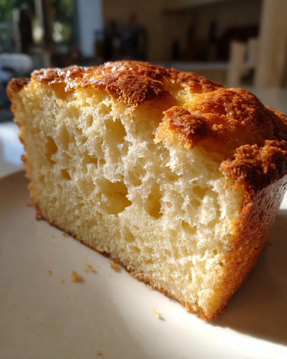 Primer plano de una porción esponjosa y dorada de bizcocho de yogur en un plato blanco.