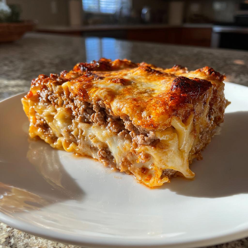Porción de lasaña de carne con queso gratinado en un plato blanco.