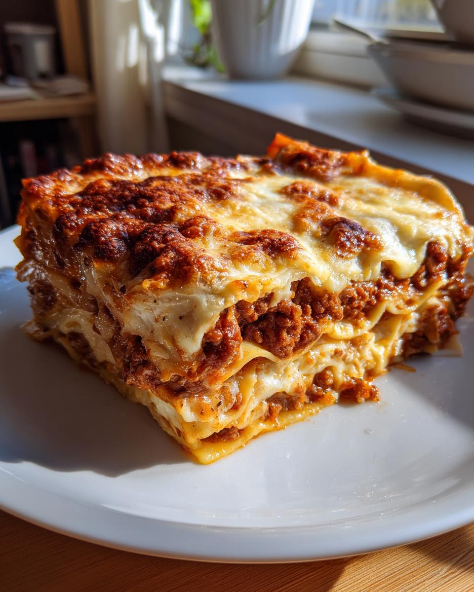 Porción de lasaña de carne con queso gratinado en un plato blanco.