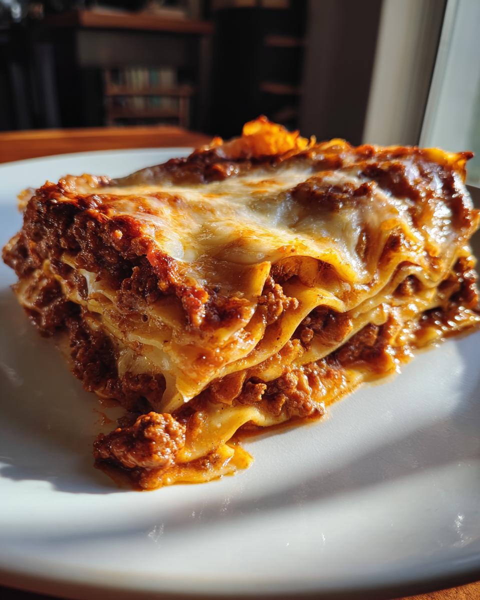 Porción de lasaña de carne con capas de carne molida y queso gratinado en un plato blanco.