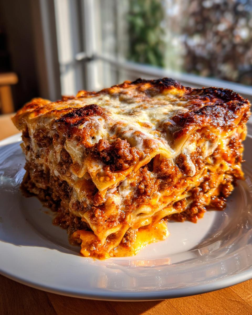 Porción de lasaña de carne con capas de carne molida y queso gratinado en un plato blanco.