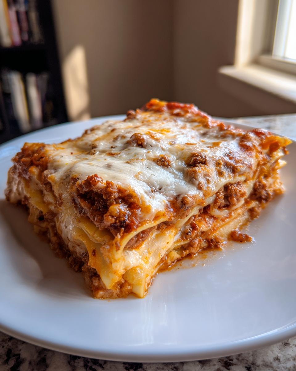 Porción de lasaña de carne con capas de pasta, carne molida y queso gratinado en un plato blanco.