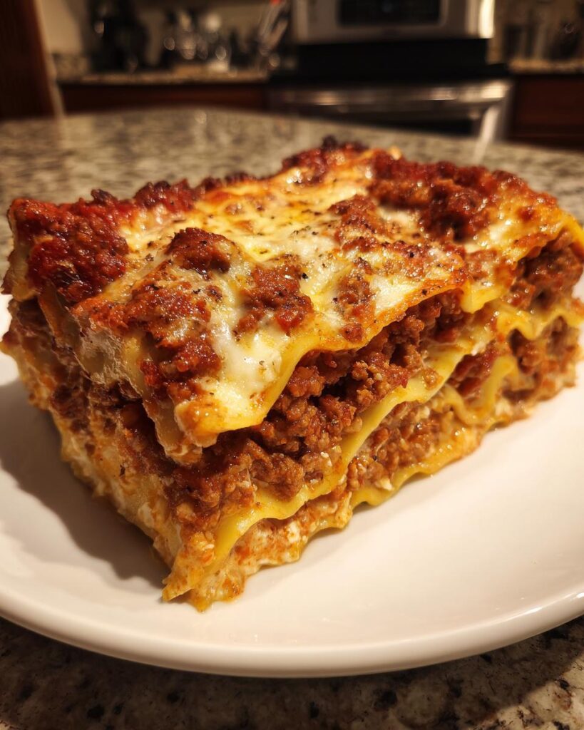 Porción de lasaña de carne con capas de carne molida y queso gratinado en un plato blanco.