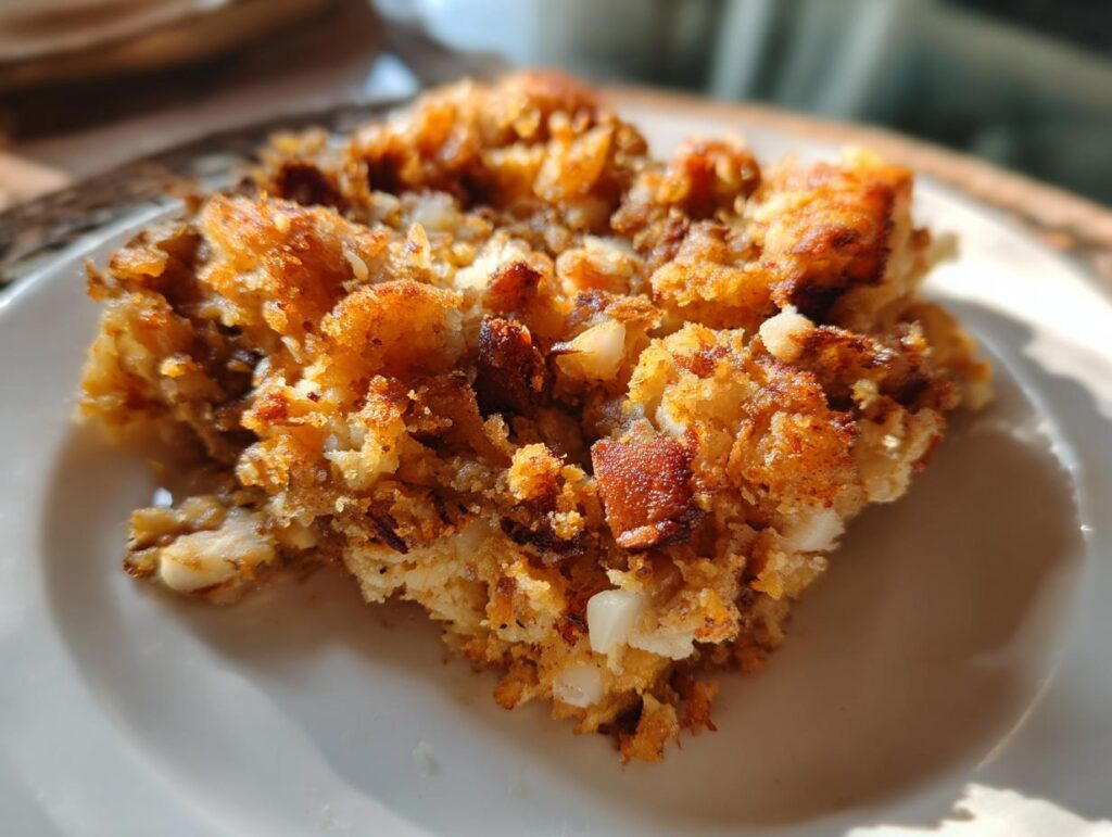 Porción de mofongo puertorriqueño con trozos de plátano frito y ajo en un plato blanco.