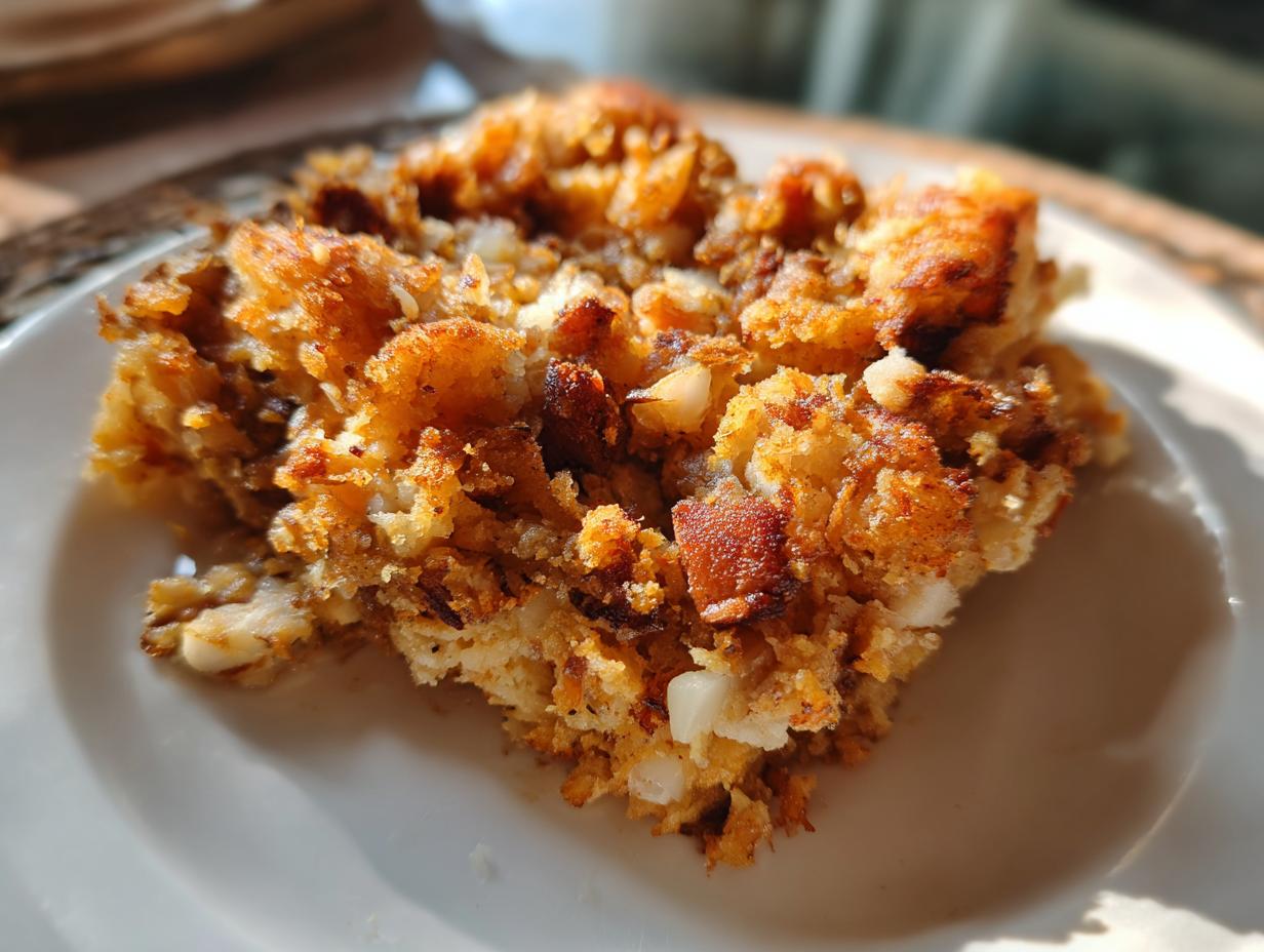 Porción de mofongo puertorriqueño con trozos de plátano frito y ajo en un plato blanco.