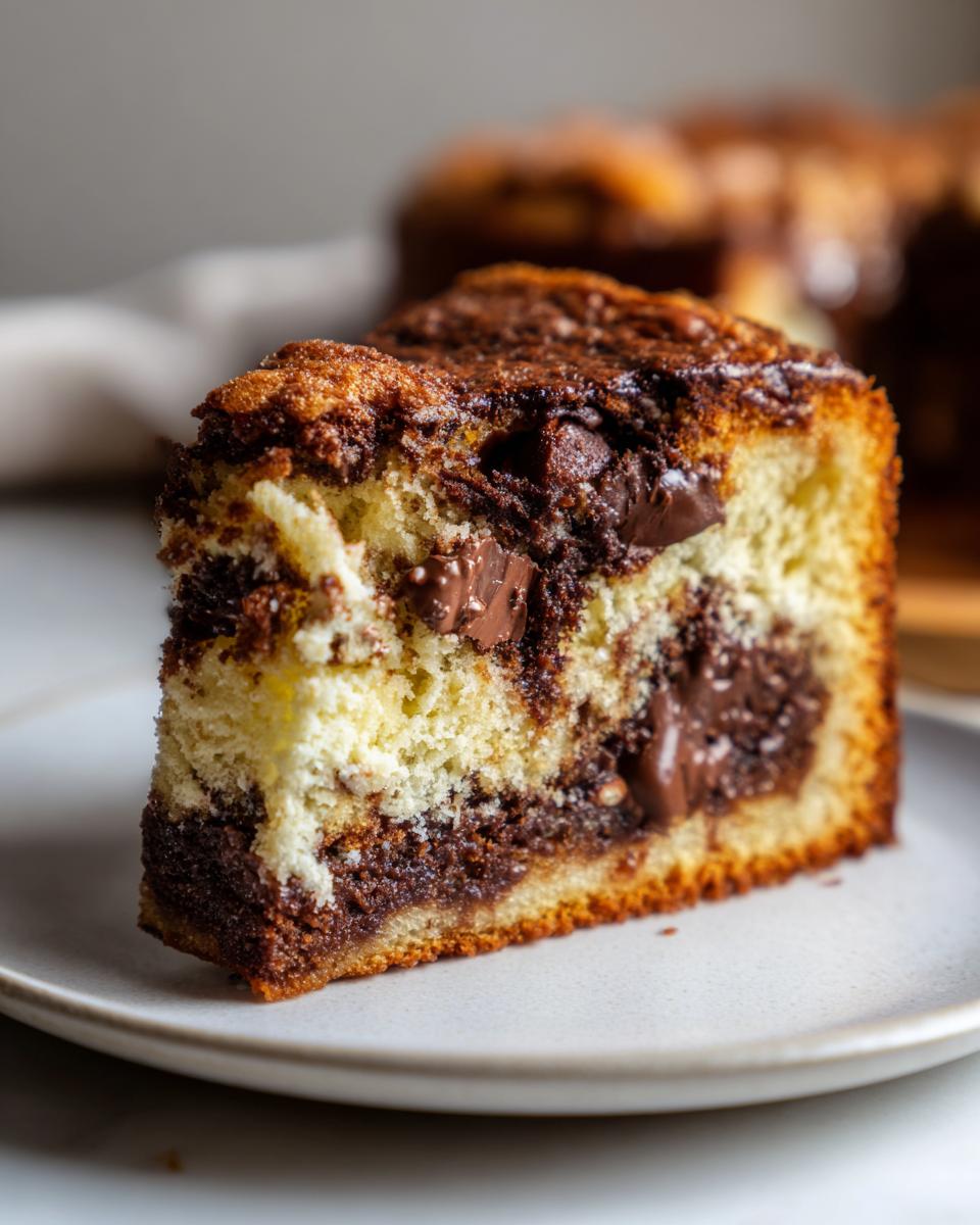 Rebanada de tarta caótica con mezcla de bizcocho y chocolate fundido en un plato blanco.