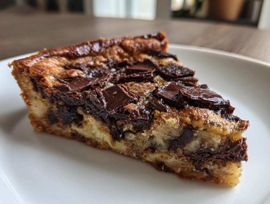 Rebanada de tarta caótica con trozos de chocolate derretido sobre plato blanco.
