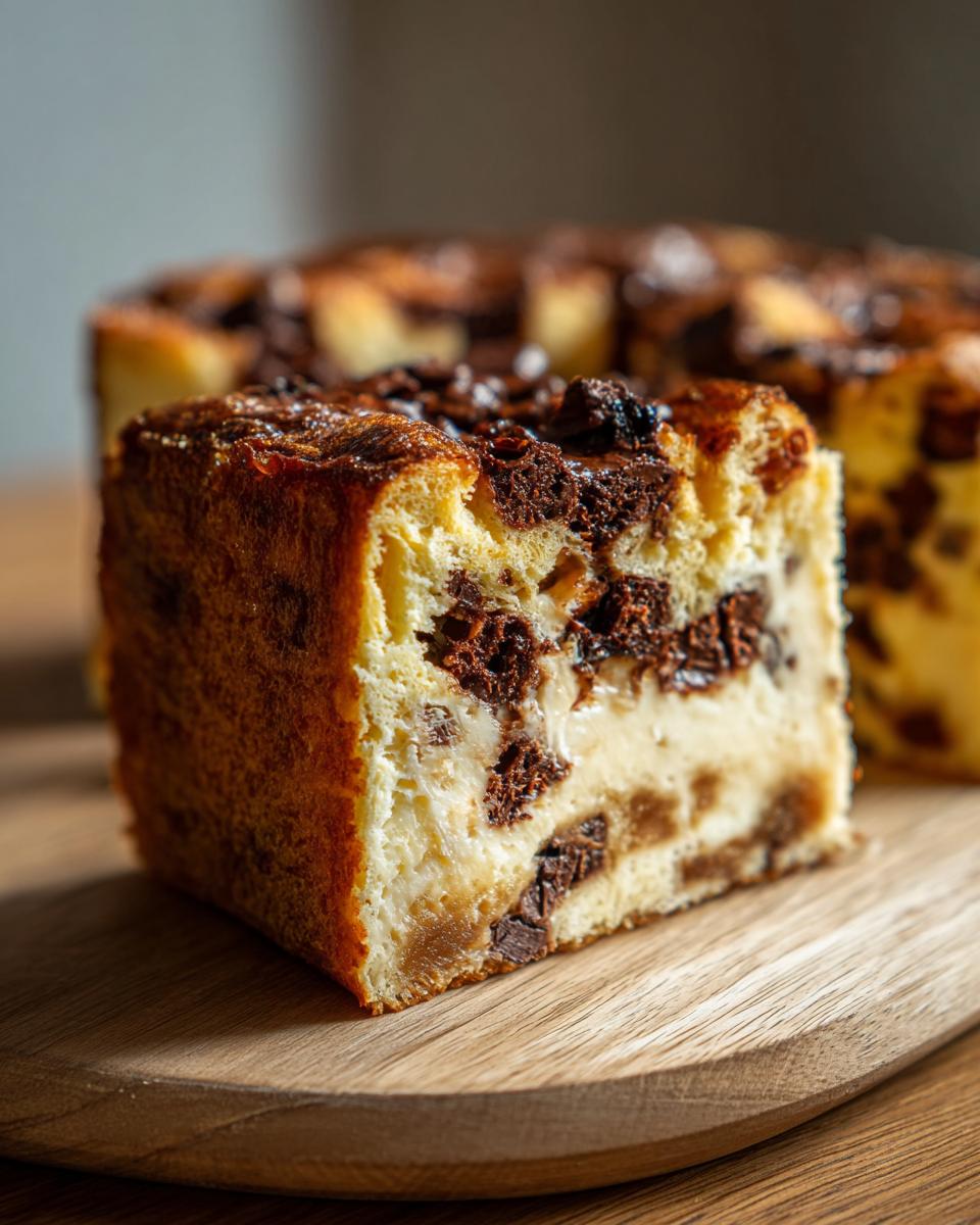 Porción de tarta caótica con trozos de chocolate y crema sobre tabla de madera.
